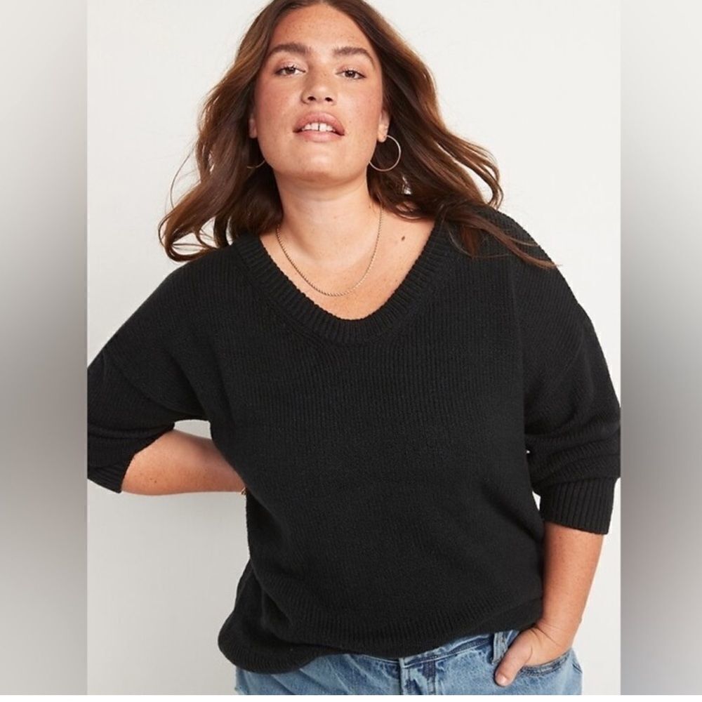NWT! Black Oversized Voop-Neck Cotton Tunic Sweater for Women -Size Small Petite